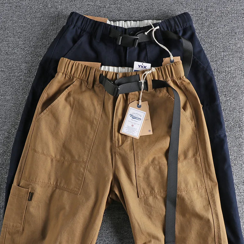 Men's cotton work trousers with N I buckle belt in khaki and dark blue colours