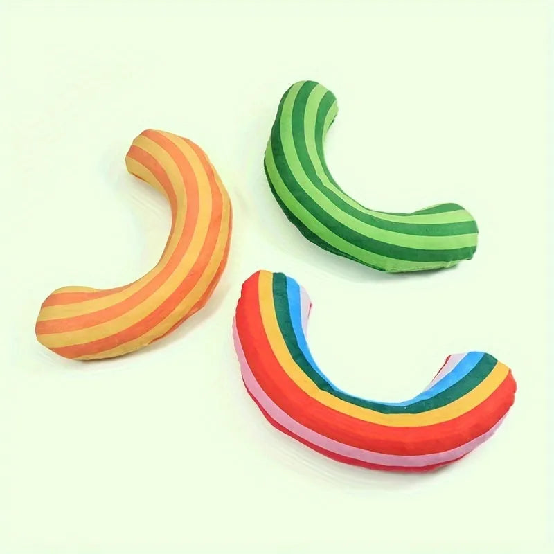 Striped pattern cat toy pillow with built-in noise maker and catnip strip measuring 23x20cm