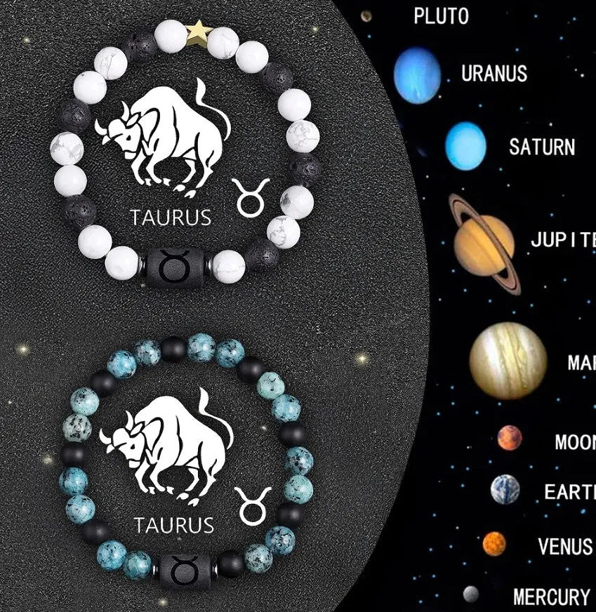 Set of twelve natural stone beaded bracelets showing different zodiac sign designs.