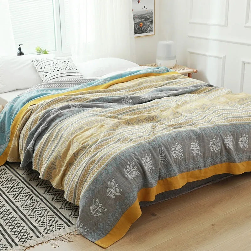Pure cotton five-layer gauze bed sheet blanket in Roulette Wheel Blue colour, shown in a modern simplicity style.