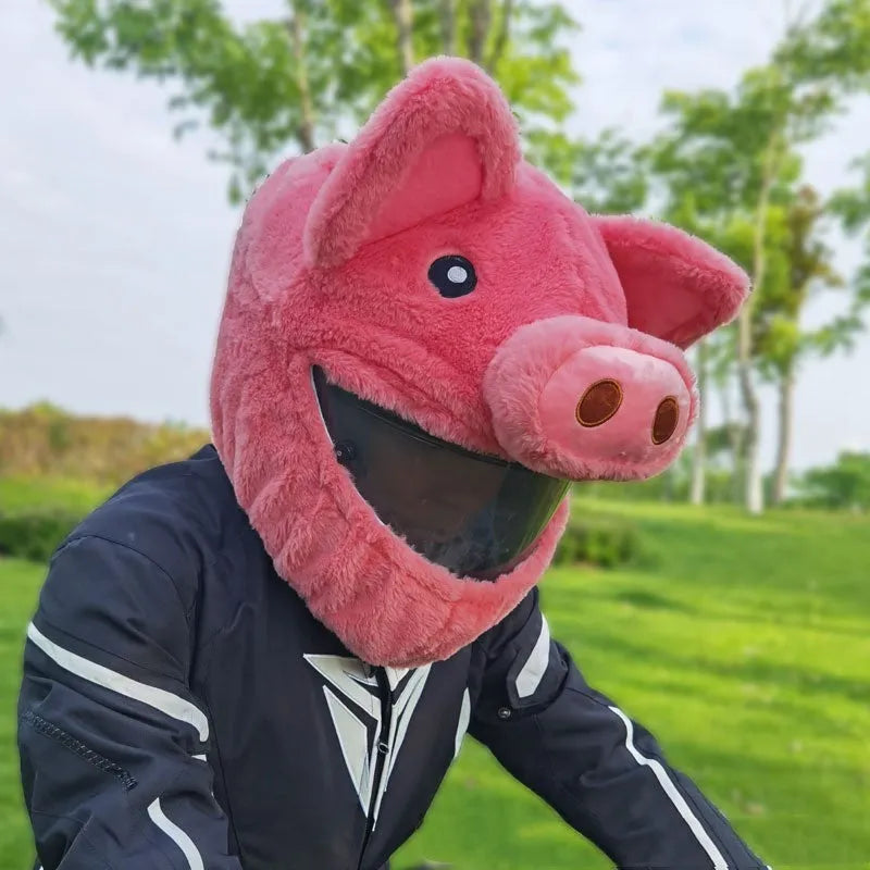Pink Pig cartoon plush helmet protective hood cover for motorcycle helmets.