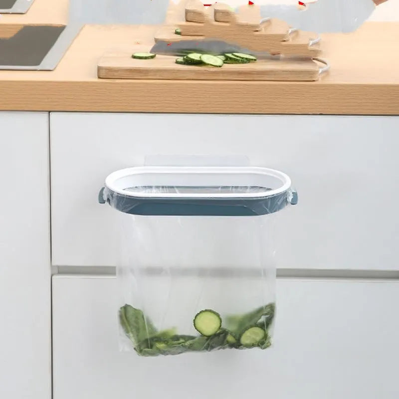 Blue plastic kitchen garbage bag storage rack holder for under cabinet mounting.