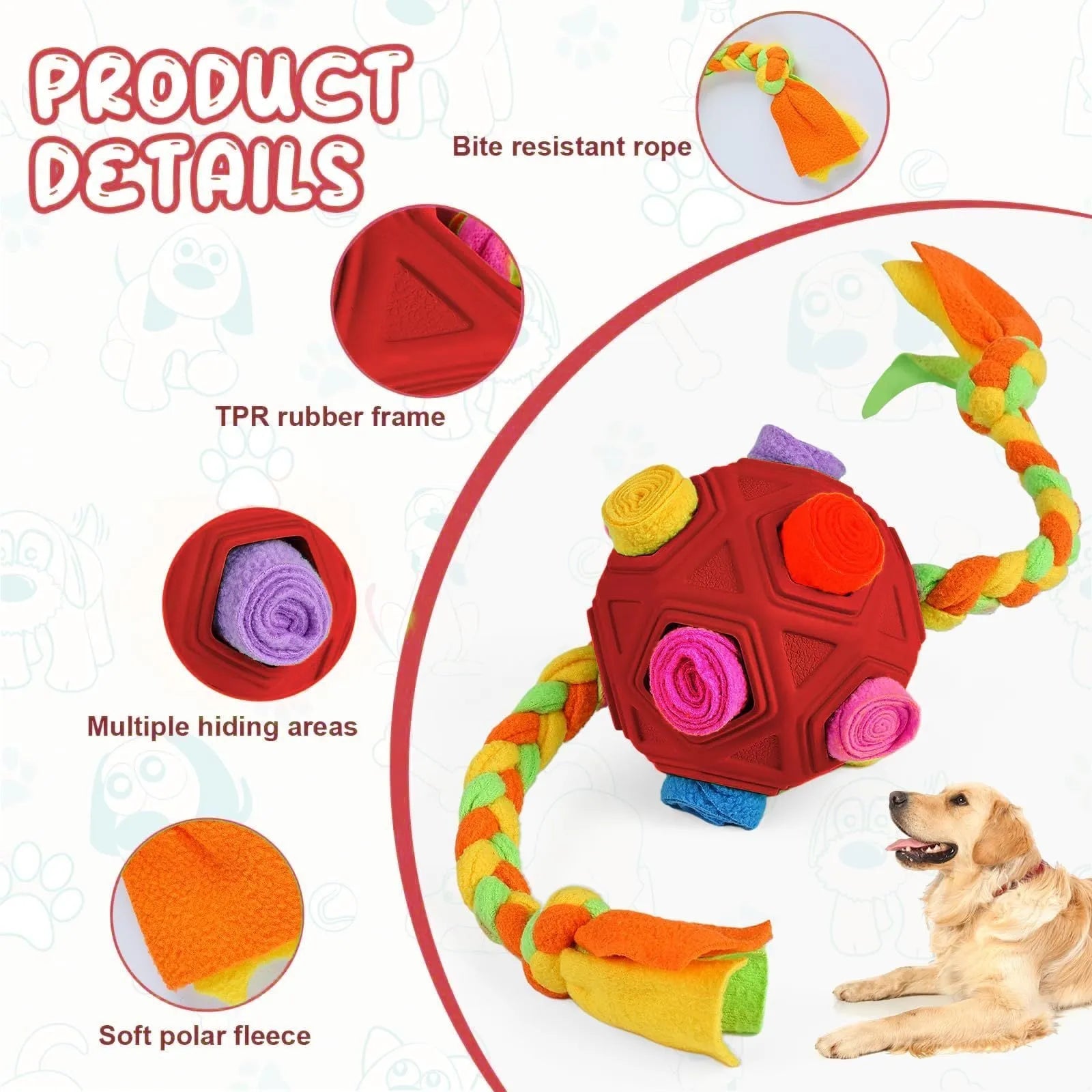 Colourful silicone dog snuffle ball puzzle toy for IQ training and slow feeding.