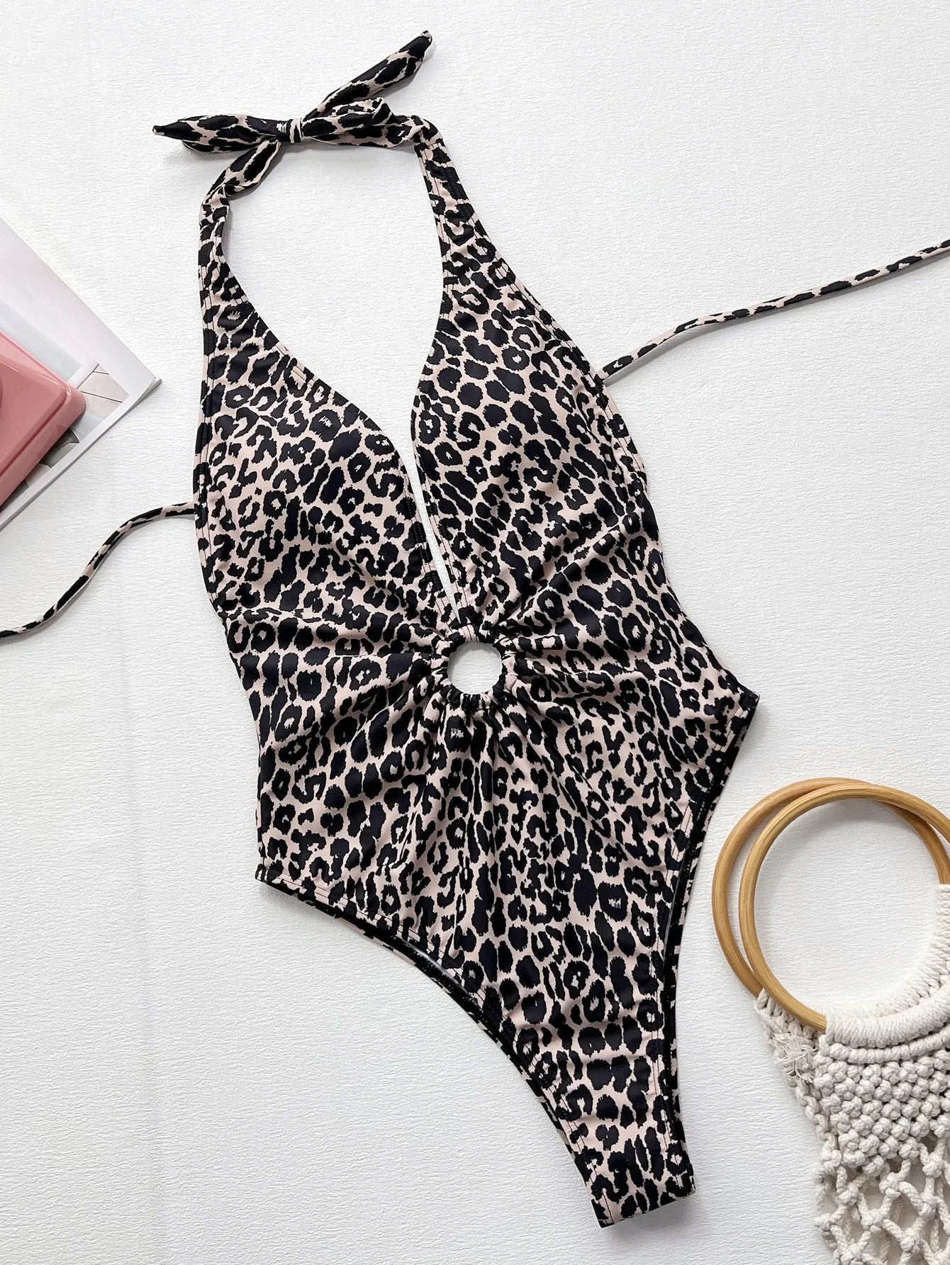 Women's leopard print one-piece swimsuit with hollow-out ring design
