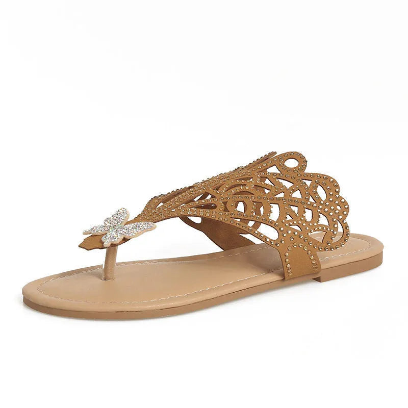 Women's black rhinestone slip-on flip-toe sandals with hollow design and flat rubber sole