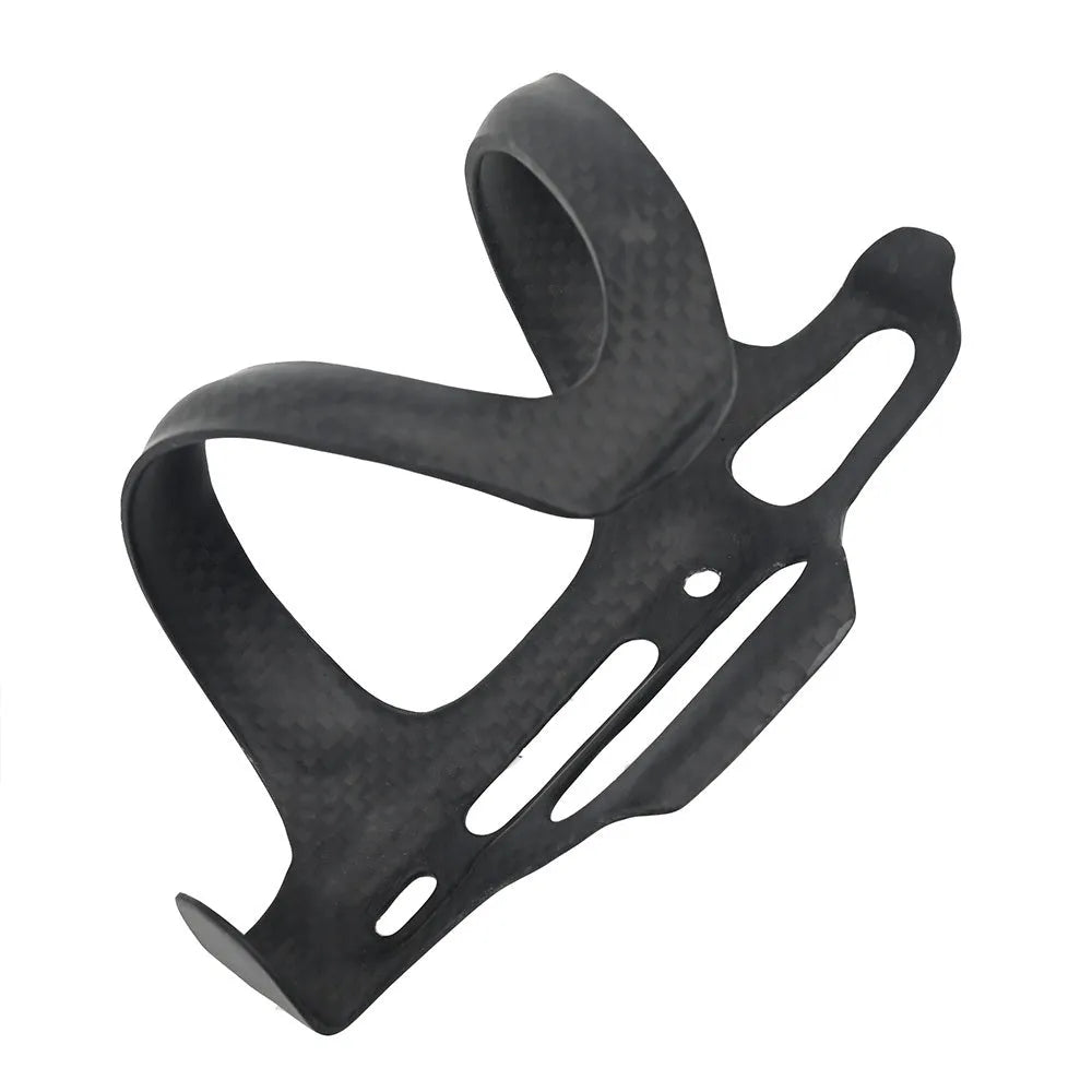 Black carbon fibre side pull bicycle water bottle cage showing mounting holes and bottle retention shape