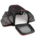 Cat carrier bag in black with red piping made from 600D cation fabric showing portable design