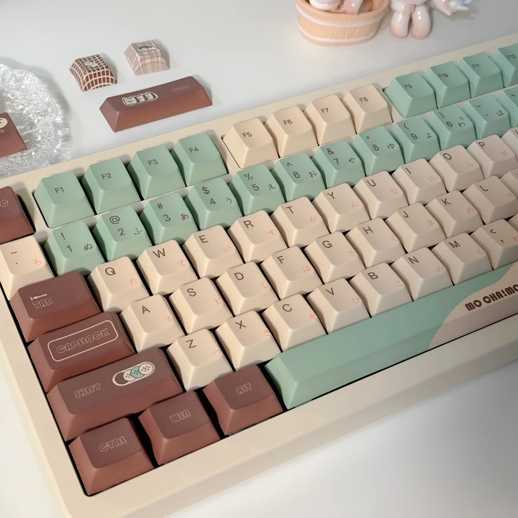 CAP Adaptive Cross Satellite Shaft mechanical keyboard keycaps in matcha green colour theme