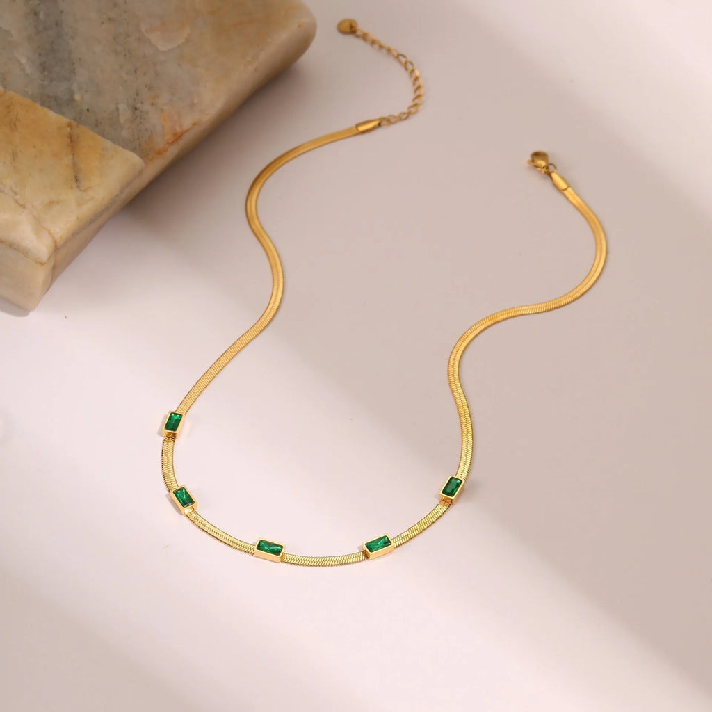 Retro geometric square zircon necklace in stainless steel with gold electroplating and flat snake-like chain links