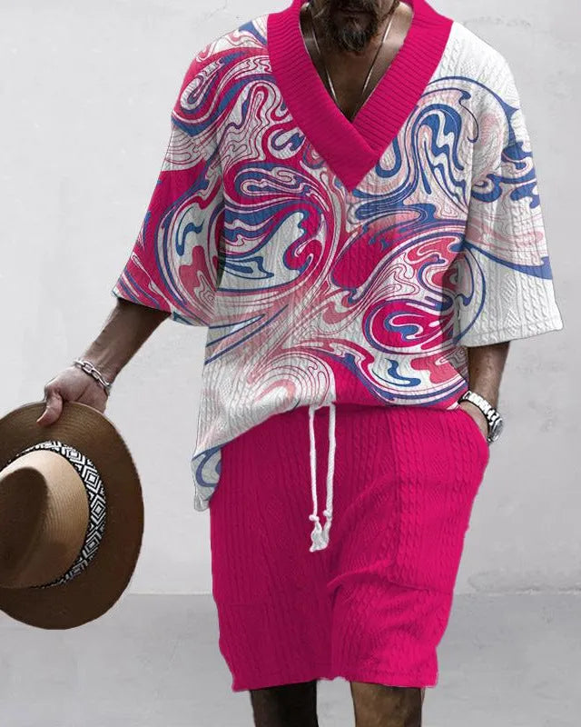 Men's loose casual short sleeve top and shorts suit separates set in polyester fabric