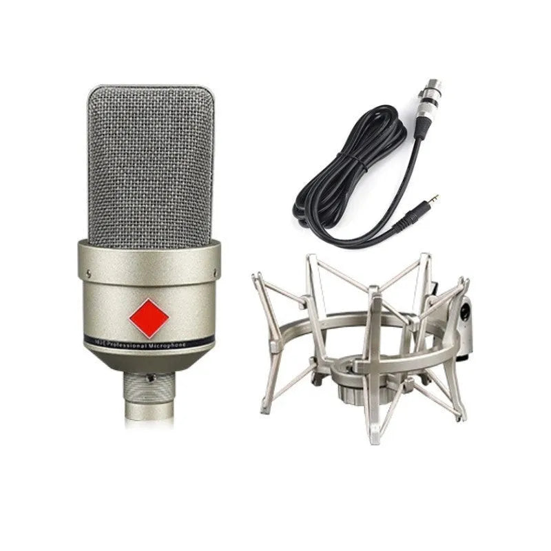 Wired condenser microphone with stand in black gold or champagne gold finish for vocal recording and broadcasting.