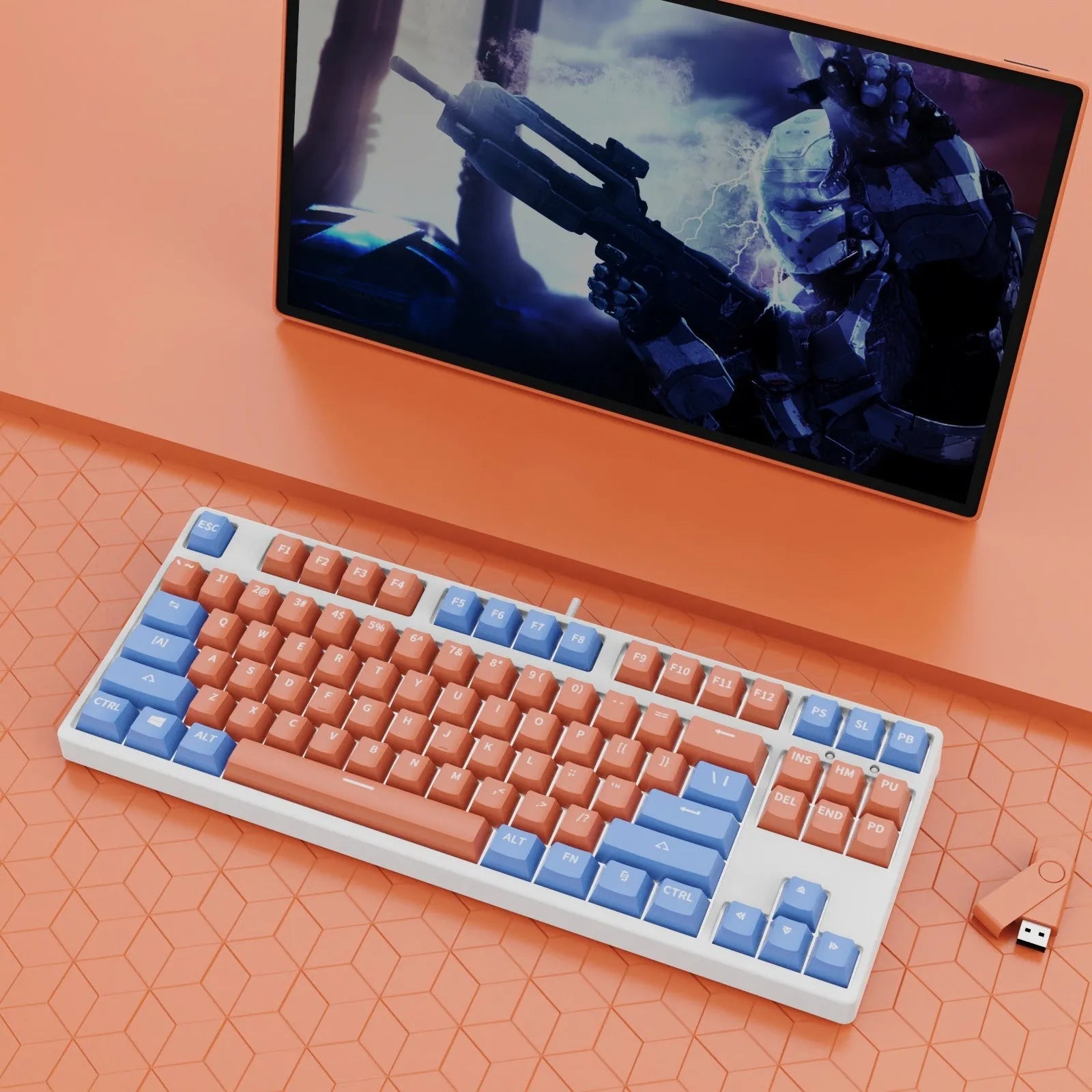 87-key wired mechanical keyboard with hot-swappable sockets showing colour options and included accessories