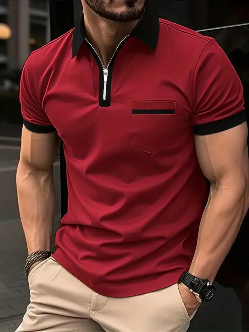 Men's loose-fit casual short-sleeve shirt with a chest pocket and zipper detail on the front.