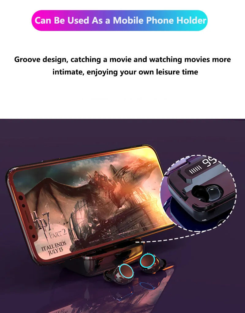 Black M11 style Bluetooth wireless headset with charging case featuring an integrated mobile phone holder.