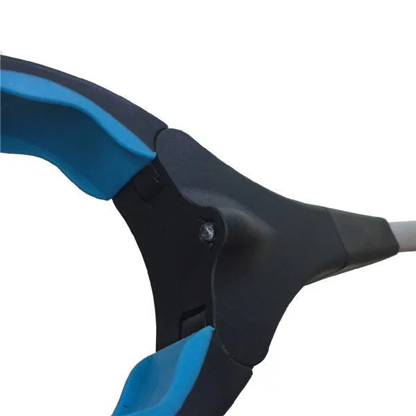 Blue foldable golf ball retriever with extended aluminium shaft and TPR grabber head.
