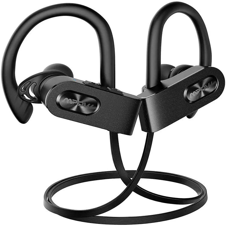 Red hanging ear Bluetooth wireless headset shown from the side, with a black variant also visible.
