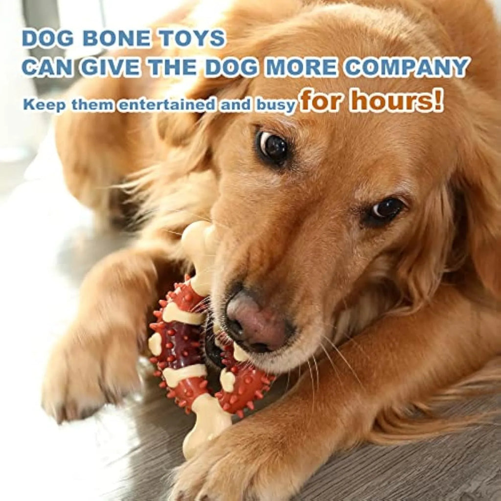 Bone-shaped natural rubber dog chew toy for teeth grinding, shown in two sizes.