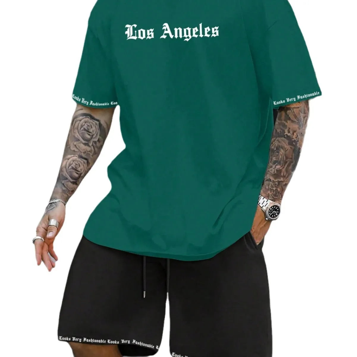 Men's sports shorts and t-shirt set in cotton blend fabric with printed pattern