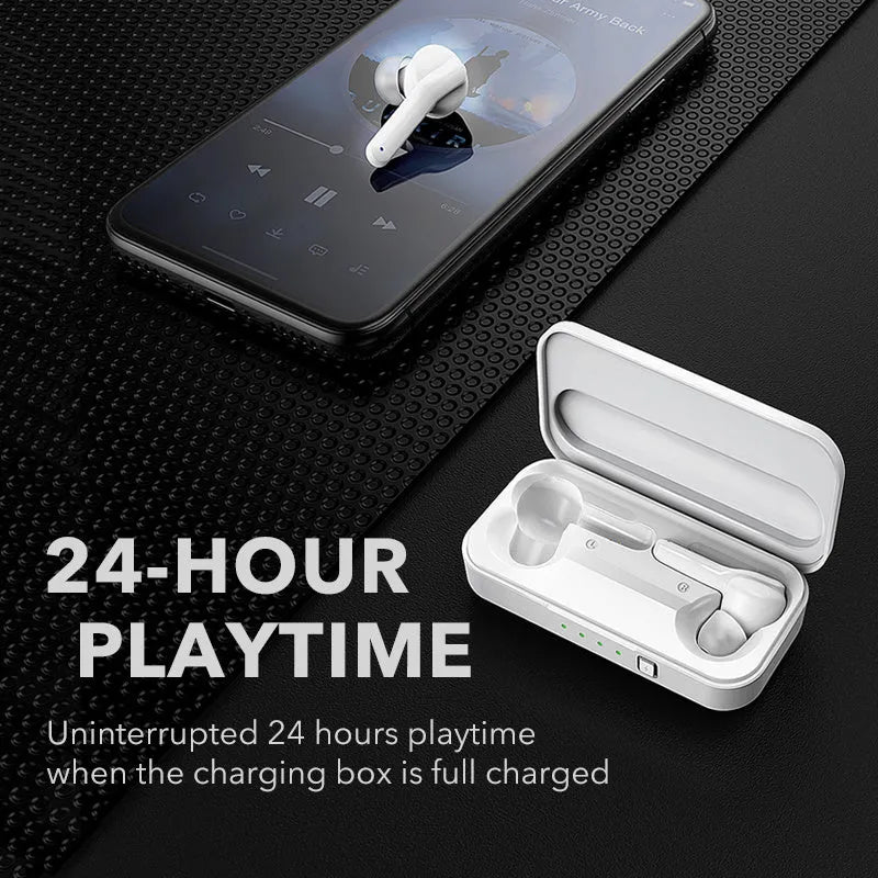 Black and white True Wireless Stereo Bluetooth 5.0 earbuds with IPX5 waterproof rating.