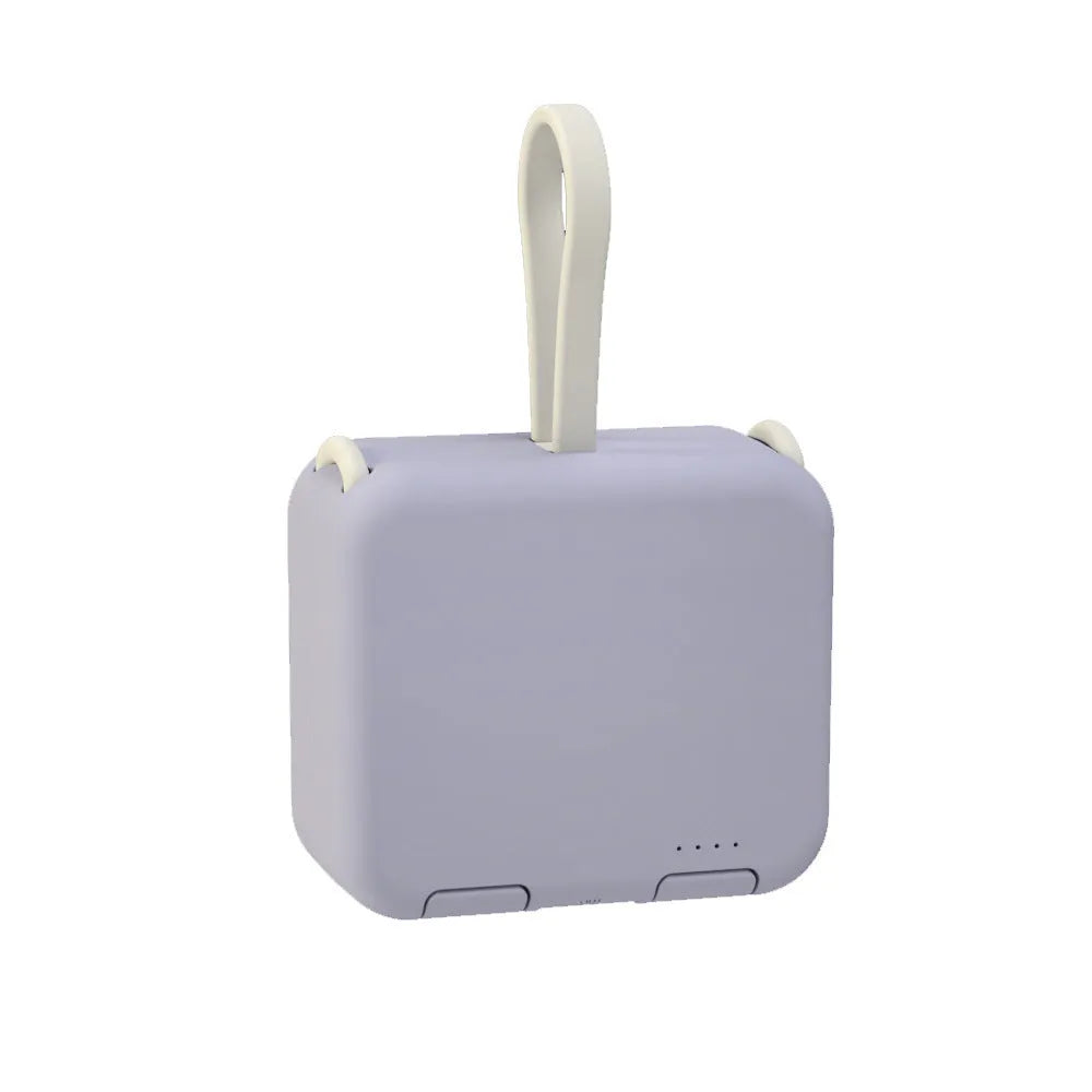 Handbag back clip power bank in blue, showing clip, phone stand function, and Type-C/Lightning ports.