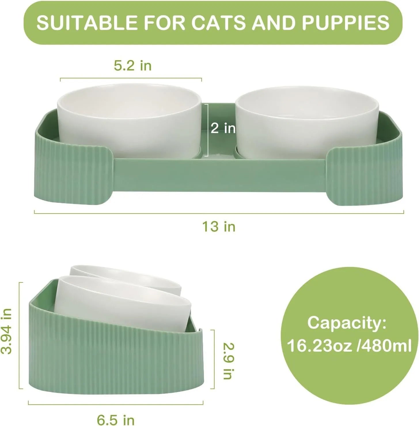 Ceramic elevated cat bowls with 15° tilted stand in green, white, and yellow colour options