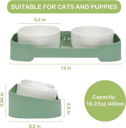 Ceramic elevated cat bowls with 15° tilted stand in green, white, and yellow colour options