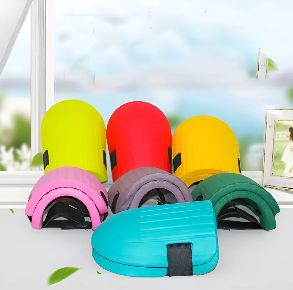 A pair of black EVA foam knee pads for gardening, showing their rectangular shape and textured surface.