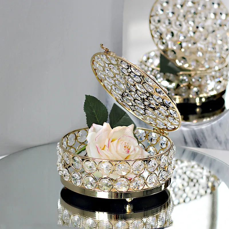French gold European style jewelry storage box with crystal glass transparent panels and iron construction