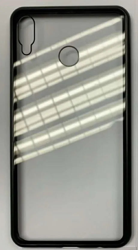 Metal magnetic phone case with tempered glass back showing phone design, available in black, blue, red, white