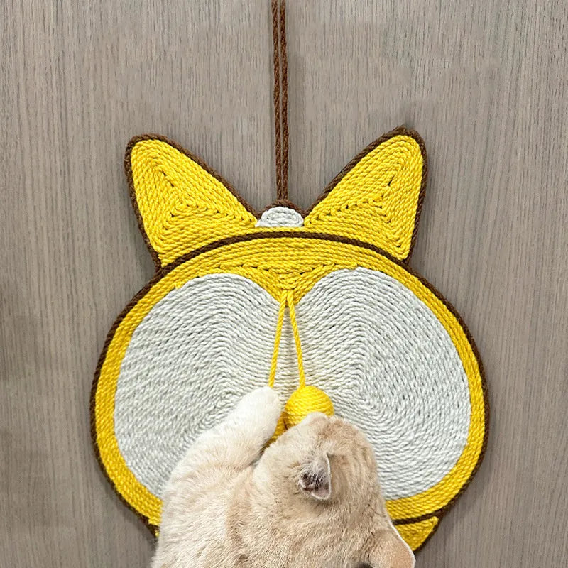 Yellow cat scratching pad with corgi butt design on natural sisal surface, 37cm by 40cm with anti-slip base