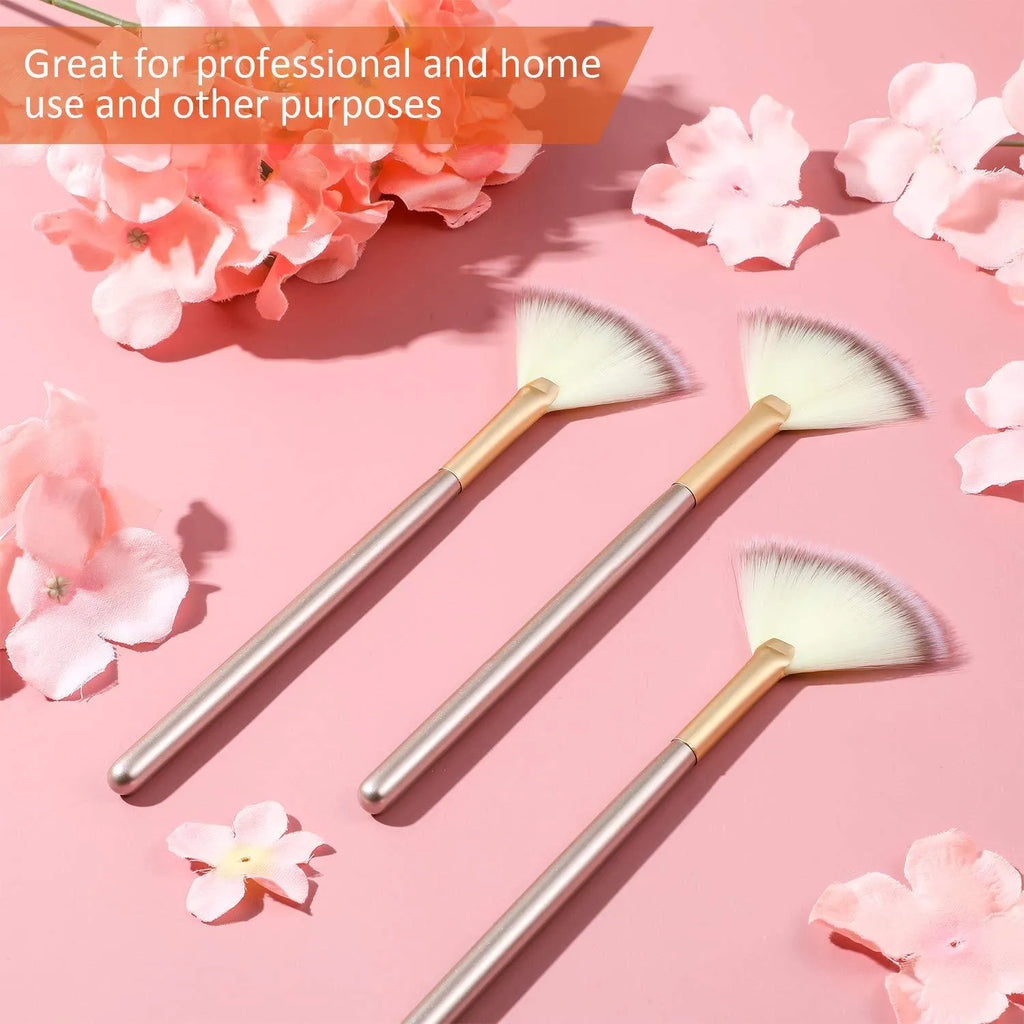 10 professional facial fan brushes with champagne-coloured acrylic handles and protective covers