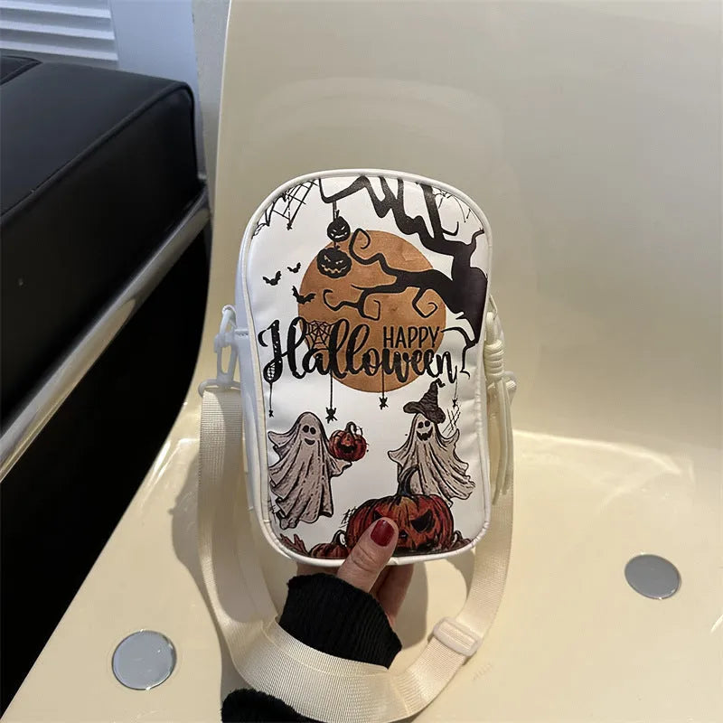 Halloween graffiti phone crossbody bag with cartoon pumpkin ghost bat prints in PU material