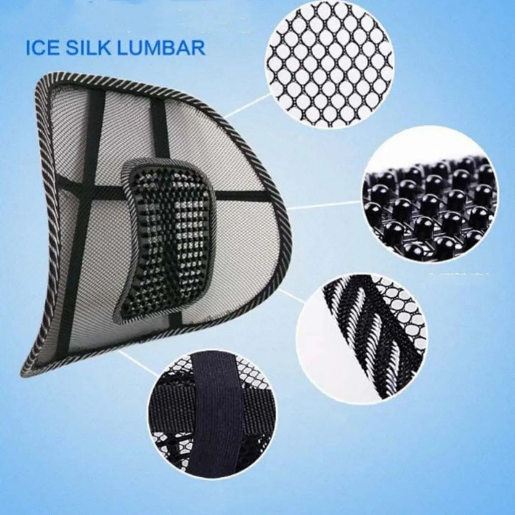 Black car leather lumbar support pillow with steel wire frame measuring 41cm by 39cm