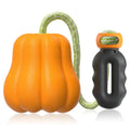 Pumpkin orange plastic molar-shaped dog chew toy with a blue rope attached for throwing.