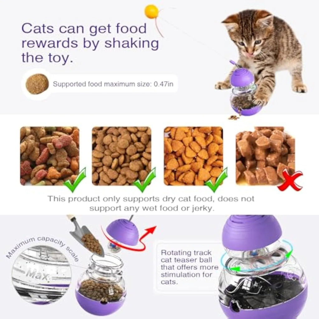 Interactive cat wand toy with slow feed dispenser in yellow colour with bouncing teaser and light-up balls