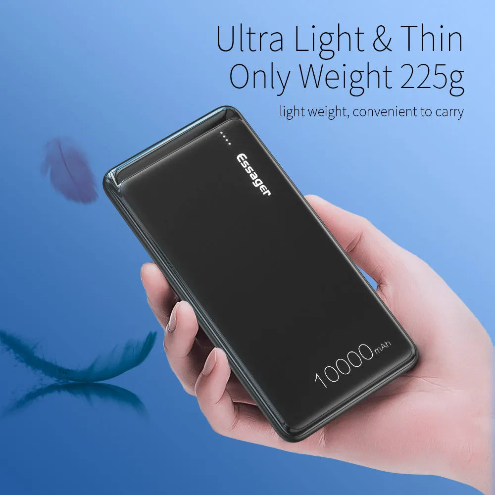 Essager 10000mAh portable power bank with LED indicators and dual USB ports in black