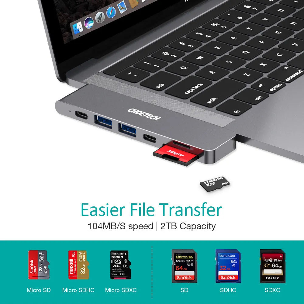 Aluminium alloy USB-C adapter with SD card reader, Thunderbolt 3, 4K HDMI, and USB 3.0 ports