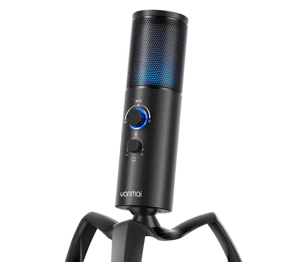 Black Q18 condenser microphone with RGB lighting on an adjustable metal tripod