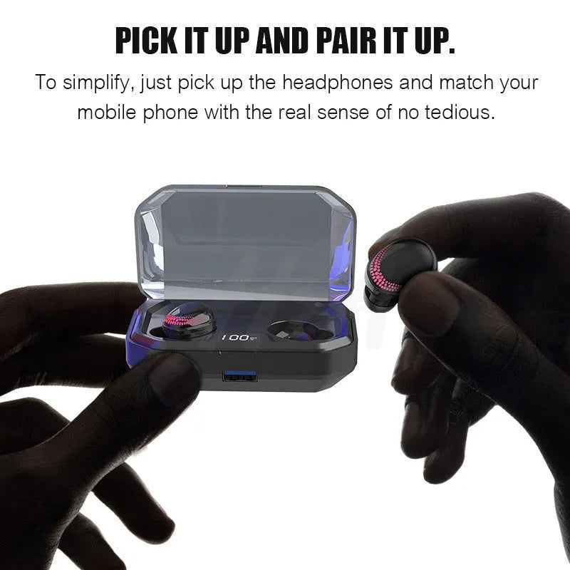 Black X10 Bluetooth wireless earbuds with charging case showing compact design