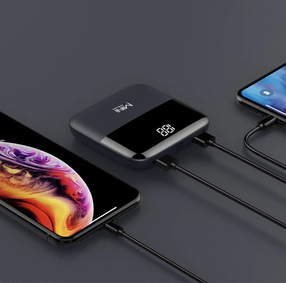 10000mAh portable power bank with digital display showing battery percentage and dual USB ports