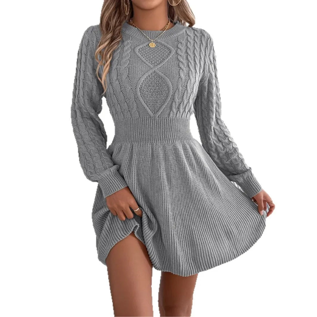 Black lantern sleeve sweater dress with elastic waist and artificial fur texture