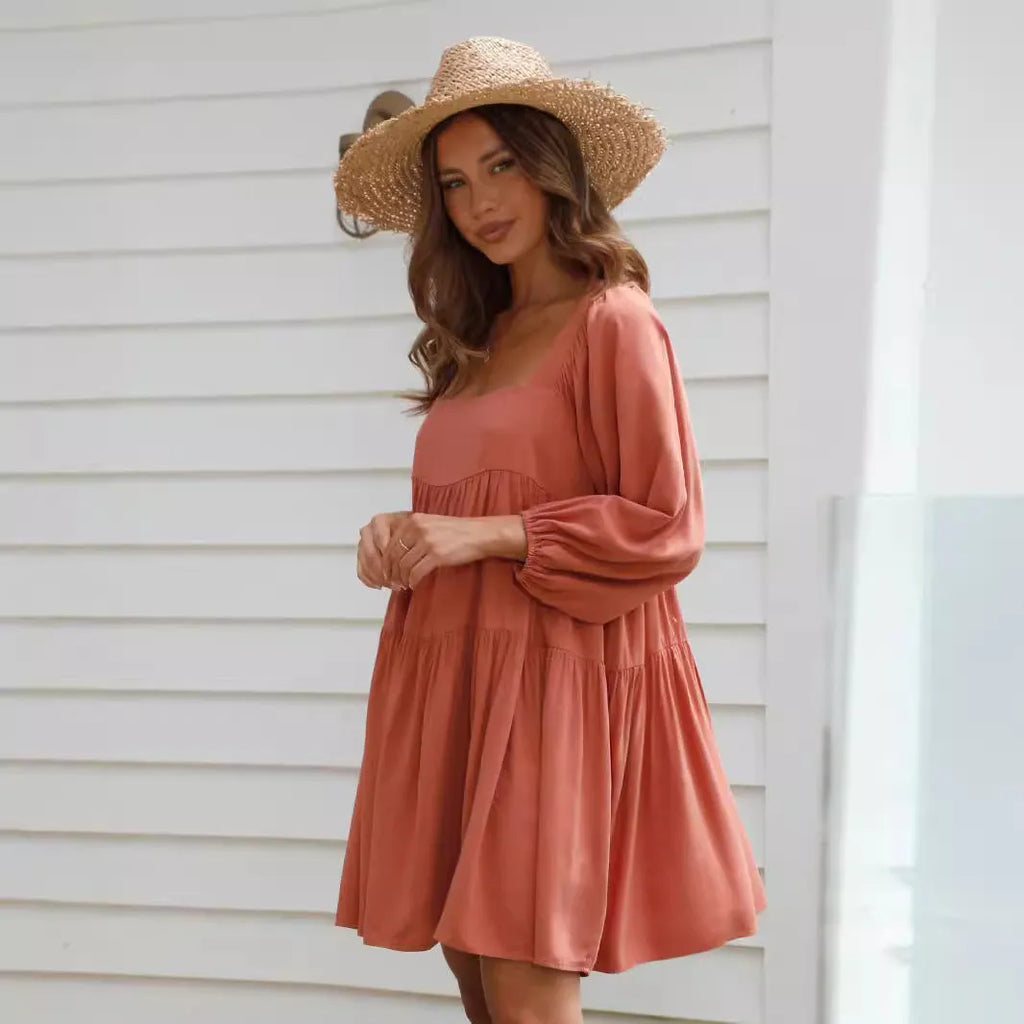 Orange red children's backless dress with square collar and puff sleeves, A-line skirt