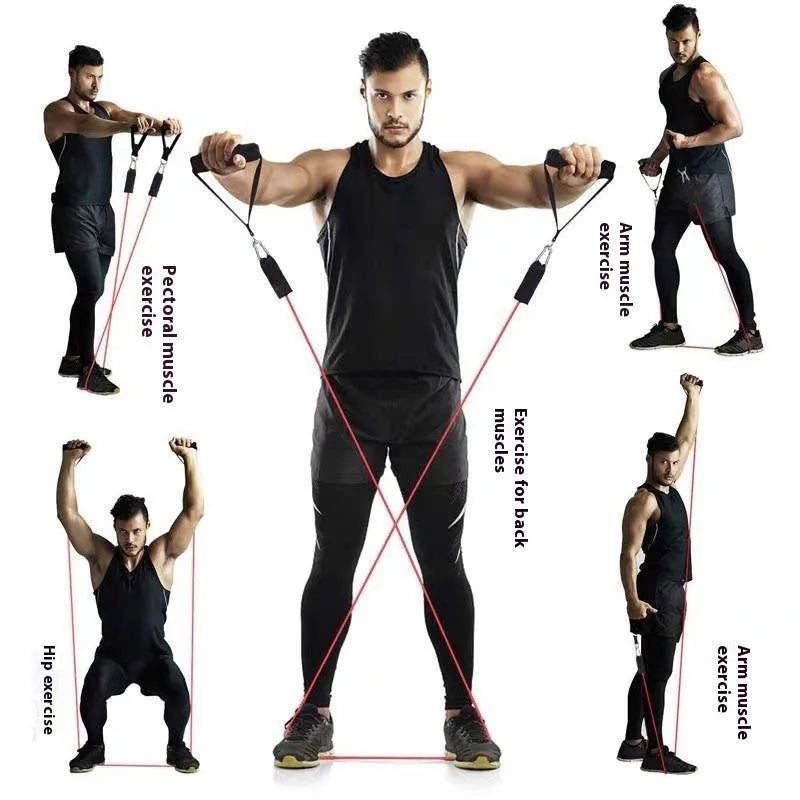 Multi-functional door sports 11-piece set with pulling rope packed in an ABS container.
