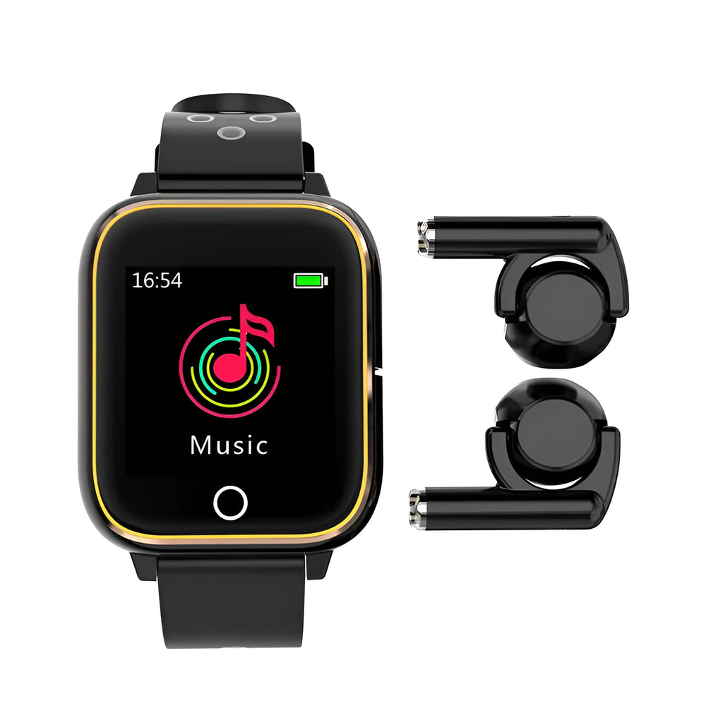 Black 2-in-1 smart watch with 1.4 inch screen and integrated bluetooth earbuds for fitness tracking