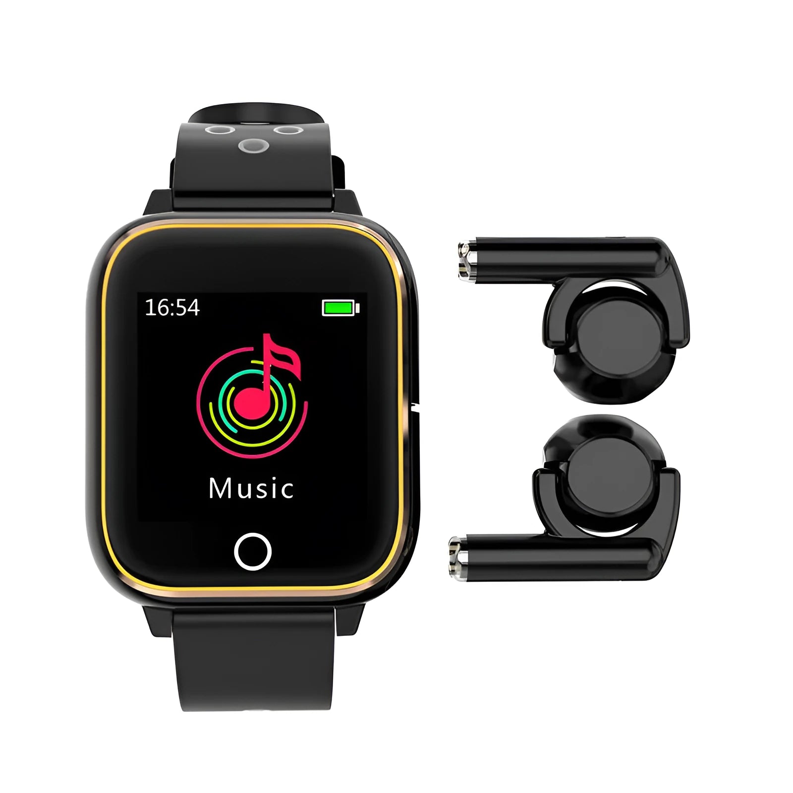 Black 2-in-1 smart watch with 1.4 inch screen and integrated bluetooth earbuds for fitness tracking
