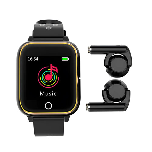 Black 2-in-1 smart watch with 1.4 inch screen and integrated bluetooth earbuds for fitness tracking