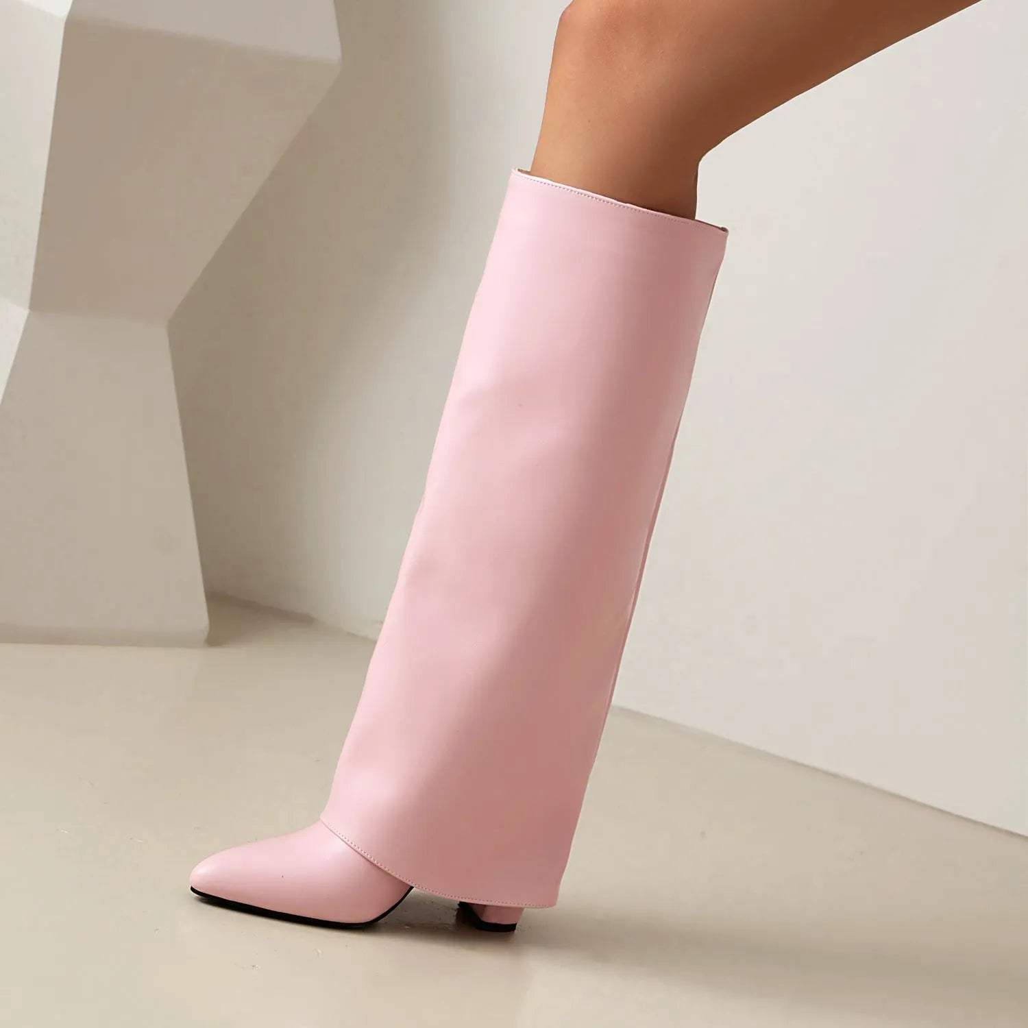Women's plus size thick high heel boots in black, pink or white with European American style sewing lines