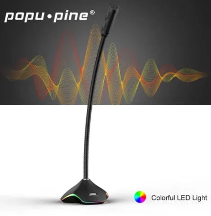 Black wired condenser microphone on a stand with shock mount and foam pop filter.