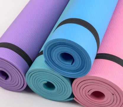 EVA yoga mat in various colours showing 4mm and 6mm thickness options