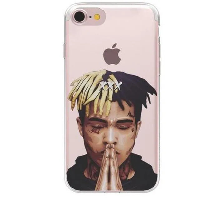 Transparent matte iPhone case featuring an Xxxtentacion graphic design, showing half-wrapped sides.